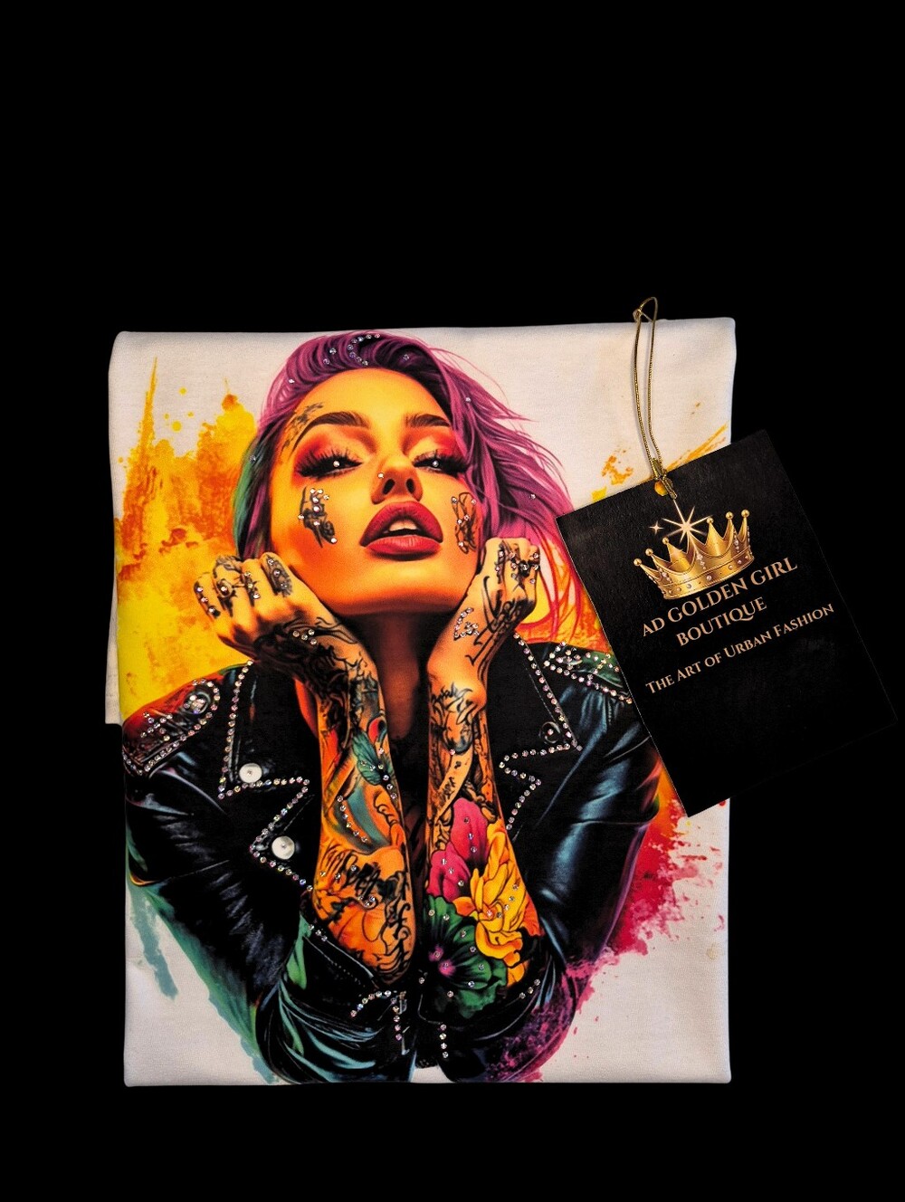 Luxury Cyber Punk Rhinestone Graphic Tee - Size S